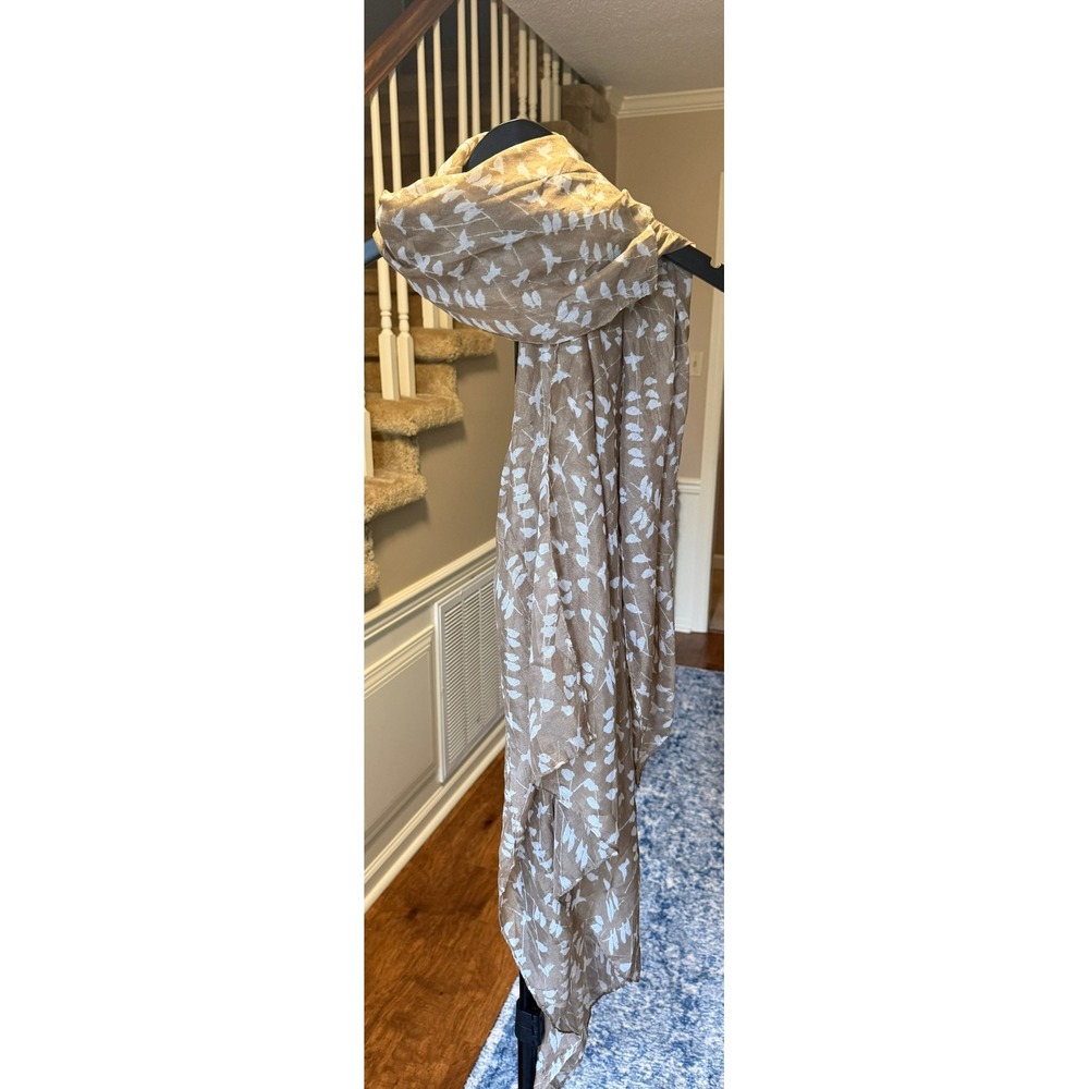 Tan and White Bird Print Lightweight Gauze Scarf Whimsical Nature Wrap Shawl
